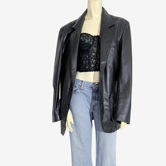 Vintage Black Leather Blazer Coat / size Medium - Picture 11 of 14